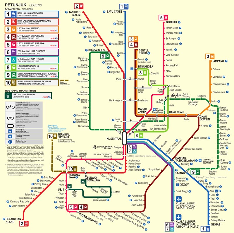 Mappa della metropolitana e dei trasporti su rotaia di Kuala Lumpur